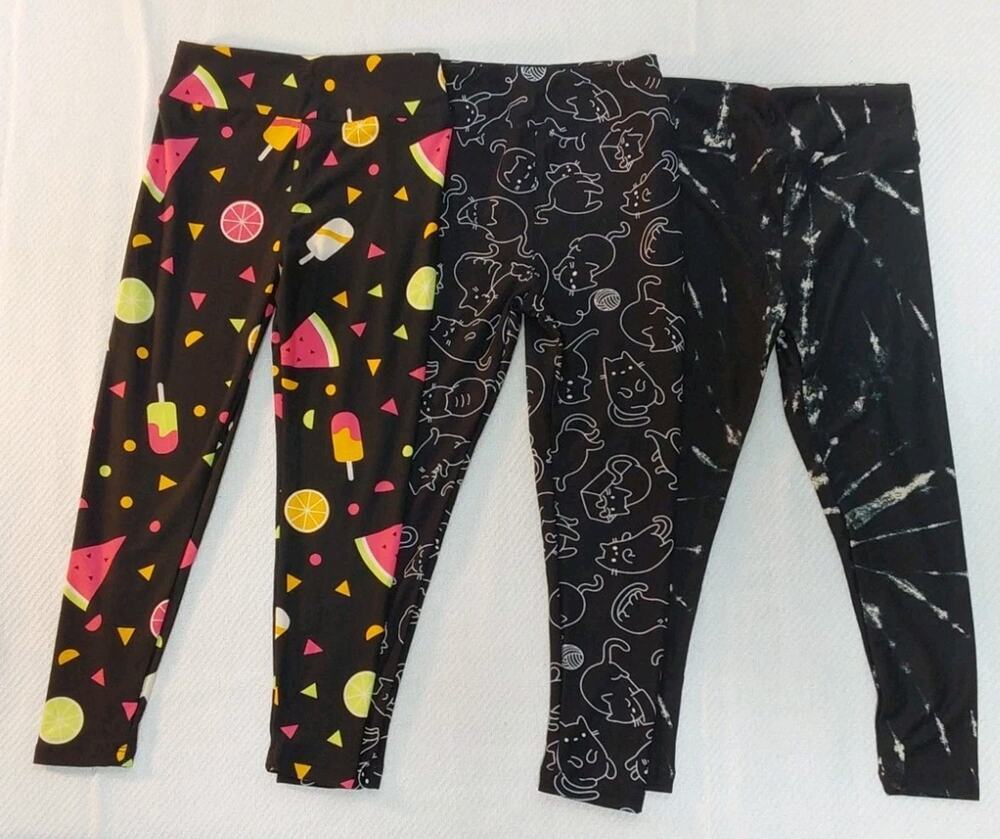 LuLaRoe Kids S/M Black/Multicolor High-Waist Ankle Leggings 3 Pack #K20